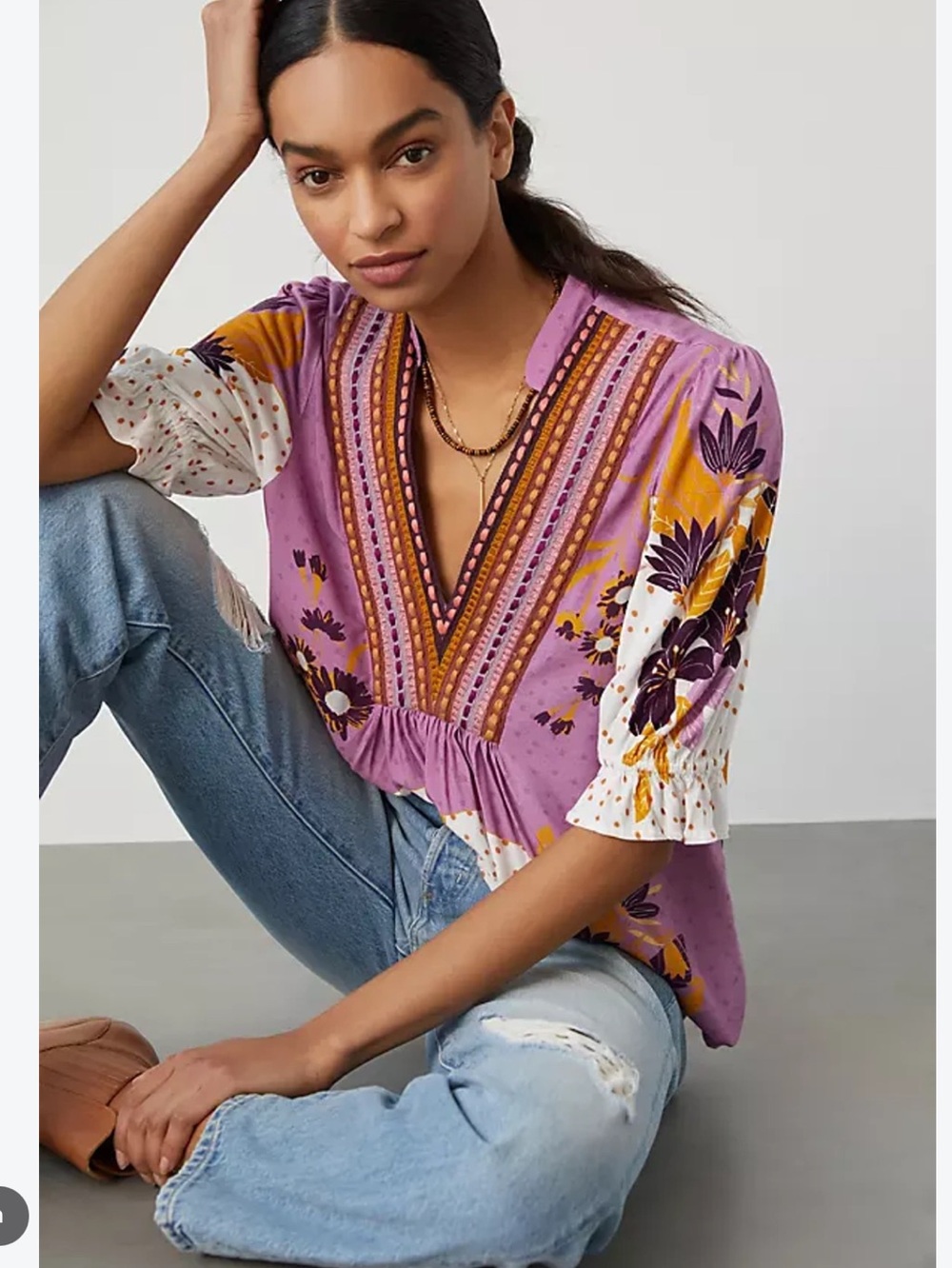 Bl^nk London x Anthropologie Stephanie Top Purple Gold Floral Size Small